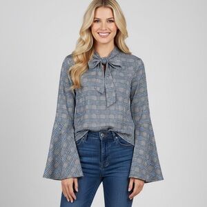 Apt. 9 Gray Plaid Tie-Neck Blouse